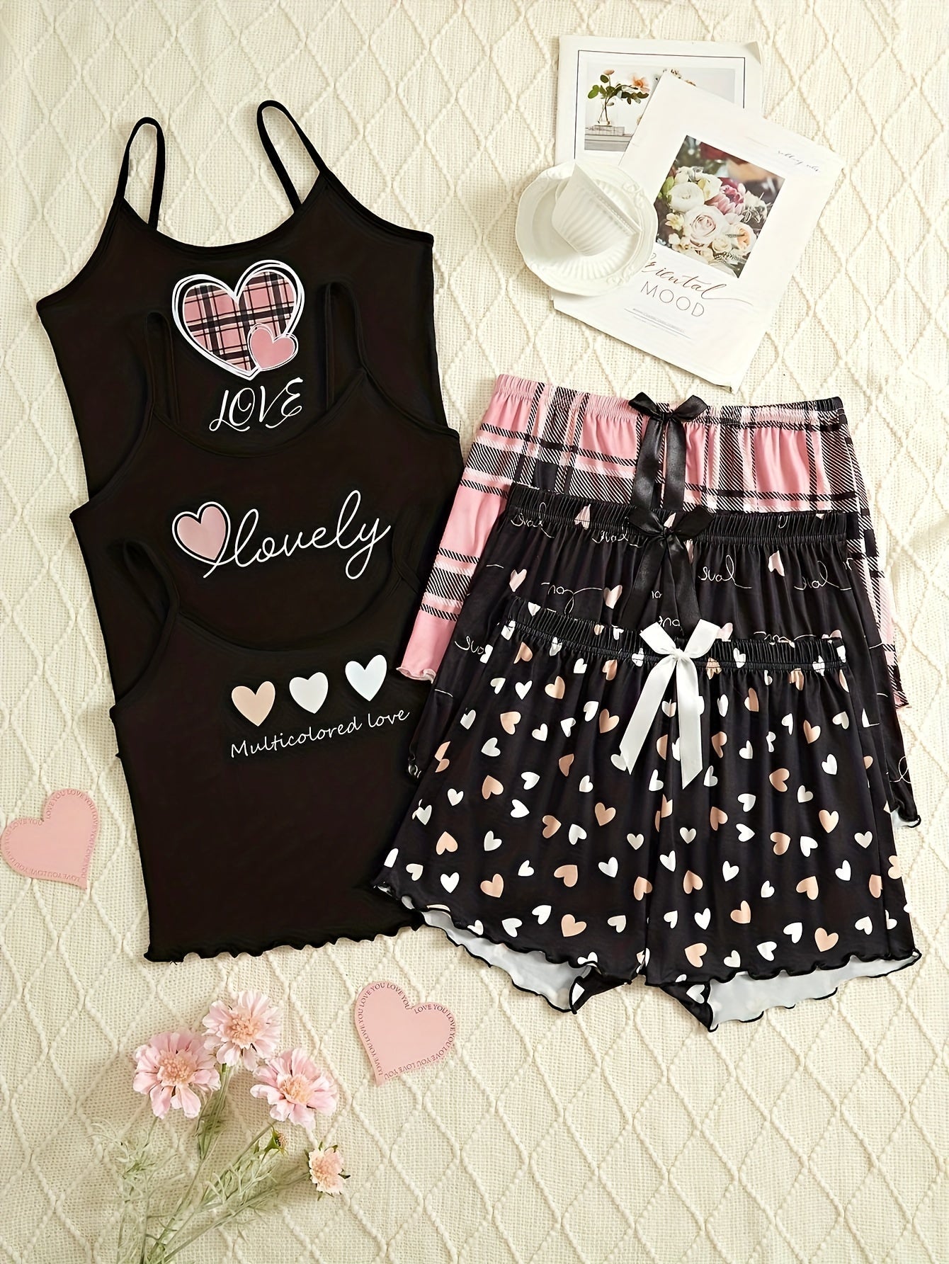 Women's Cute Cartoon Heart Print Pajama Sets, 6-Piece Triple Pack, Knit Polyester Fabric with Elastane Stretch, Crew Neck, All Season Comfort, Patterned Sleepwear for Adults